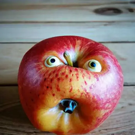 A red apple on a wooden table with a surprised expression. (1).webp